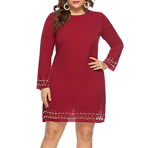 

Women's Shift Dress Short Mini Dress Red Long Sleeve Solid Color Fall Summer Round Neck Elegant Casual Going out 2021 L XL XXL 3XL / Plus Size