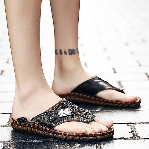 

Men's Summer Outdoor Slippers & Flip-Flops Cowhide Non-slipping Black / Brown