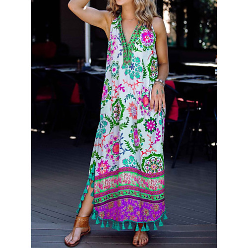 

Women's Shift Dress Maxi long Dress - Sleeveless Floral Summer Street chic 2020 Purple Red Green S M L XL XXL XXXL
