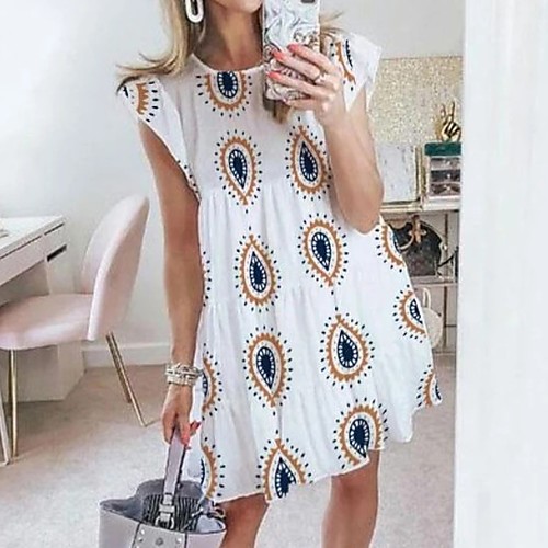 

Women's A-Line Dress Knee Length Dress - Short Sleeves Print Summer Elegant 2020 White S M L XL XXL