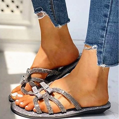 

Women's Sandals Flat Sandal Summer Flat Heel Open Toe Daily Rhinestone Solid Colored Suede Black / Gold / Silver