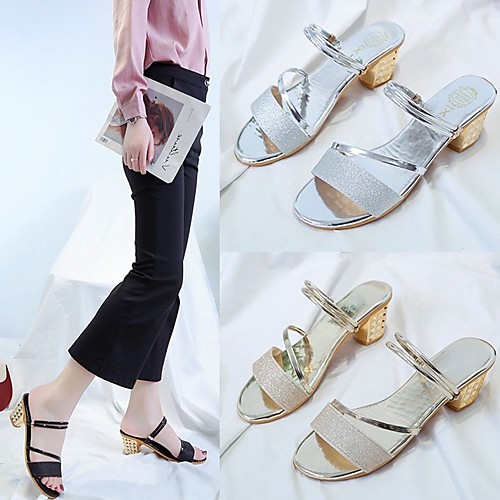 

Women's Sandals Summer Cuban Heel Open Toe Daily PU Black / Gold / Silver