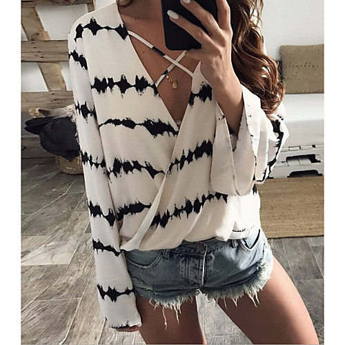 

Women's Geometric Tie Dye Blouse Daily V Neck White