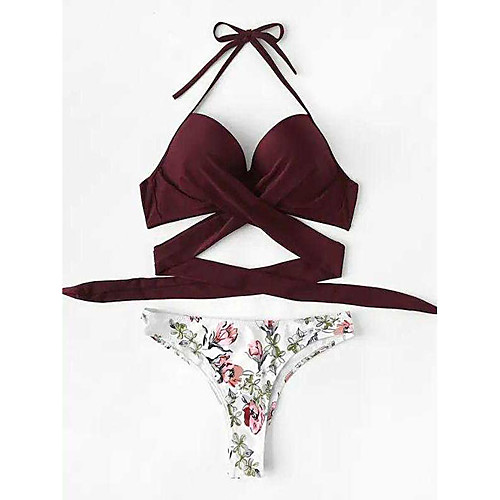 

Women's Bikini Swimsuit Criss Cross Strappy Wrap Floral Blushing Pink Wine Green White Black Swimwear Strap Bathing Suits / Print / Padded Bras / Print
