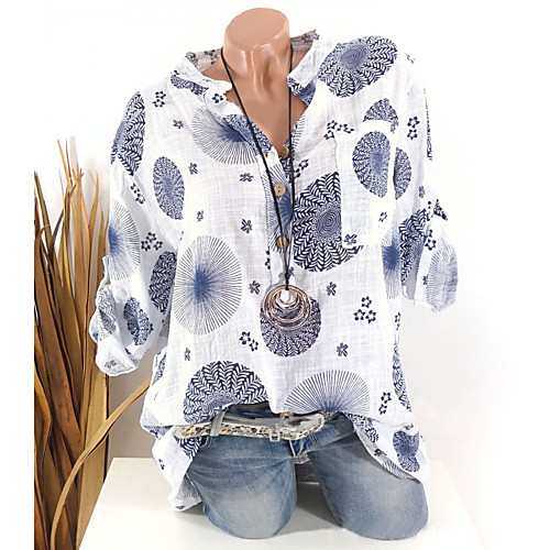 

Women's Blouse Shirt Graphic Print Shirt Collar Tops White Blue Blushing Pink