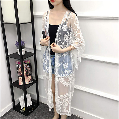 

Women's Daily Long Coat, Solid Colored V Neck Long Sleeve Polyester White