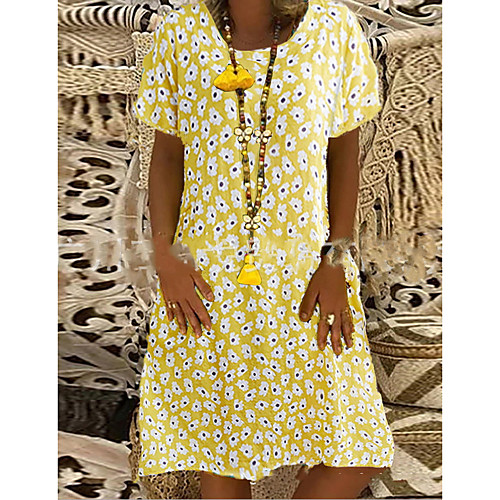 

Women's A-Line Dress Knee Length Dress - Short Sleeves Print Summer Casual Mumu 2020 Yellow Green Navy Blue M L XL XXL