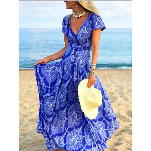 

Women's Maxi Sheath Dress - Short Sleeves Floral Summer V Neck Elegant Slim 2020 Blue M L XL XXL XXXL XXXXL