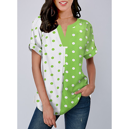 

Women's Polka Dot Color Block Print Blouse Daily V Neck Green