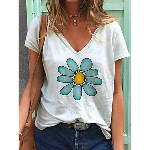 

Women's Floral T-shirt Daily V Neck White
