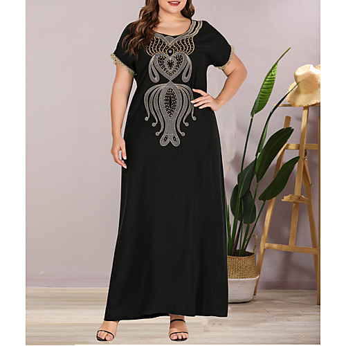

Women's Plus Size Maxi Shift Dress - Short Sleeves Solid Color Lace Embroidered Summer Casual Elegant Daily Going out Loose 2020 Black L XL XXL XXXL