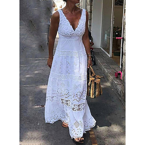 

Women's Maxi A Line Dress - Sleeveless Solid Color Summer V Neck Elegant 2020 White Black Yellow S M L XL