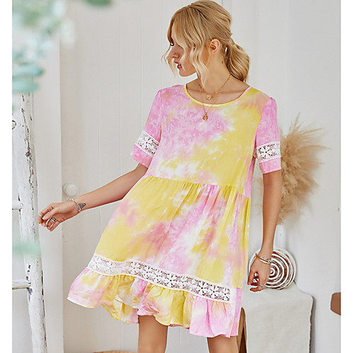 

Women's A Line Dress Short Mini Dress Yellow Short Sleeve Tie Dye Summer Round Neck Casual 2021 S M L XL