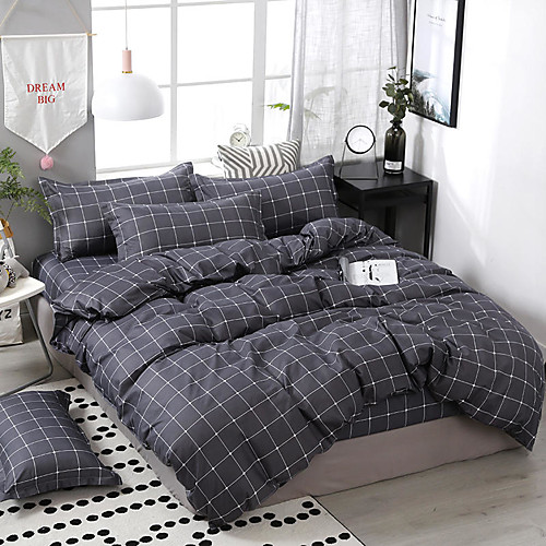 

Grey Grid Bedding Sets Duvet Cover Sets Cotton Bedding Grey Grid Plaid Geometric Modern Pattern Printed on White with Zipper Closure