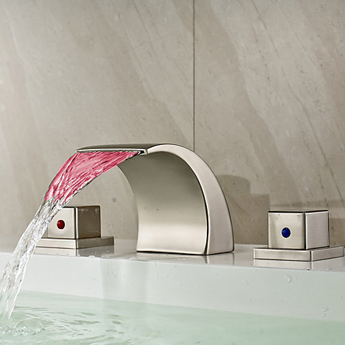 

Bathroom Sink Faucet - LED / Widespread / Waterfall Nickel Brushed Deck Mounted Two Handles Three HolesBath Taps