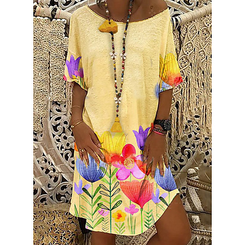 

Women's A-Line Dress Knee Length Dress - Short Sleeves Floral Summer Casual Mumu 2020 Yellow S M L XL XXL XXXL