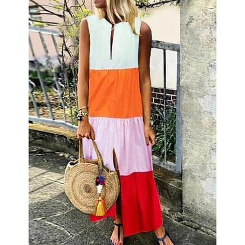 

Women's Shift Dress Maxi long Dress - Sleeveless Color Block Summer Elegant 2020 Blue Yellow Orange Gray S M L XL XXL
