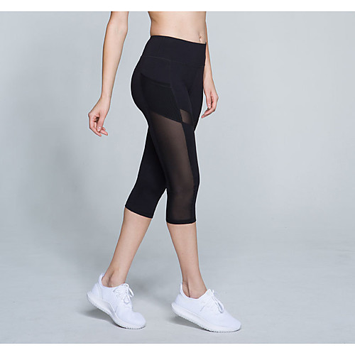 

Women's High Waist Yoga Pants Patchwork Tights Capri Leggings Tummy Control Butt Lift 4 Way Stretch White Black Nylon Mesh Fitness Gym Workout Running Summer Sports Activewear High Elasticity
