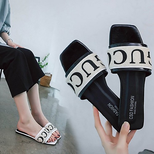 

Women's Slippers & Flip-Flops Summer Flat Heel Open Toe Daily PU White / Black