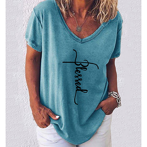 

Women's Letter Loose T-shirt - Cotton Daily V Neck White / Black / Blue / Blushing Pink / Army Green / Gray