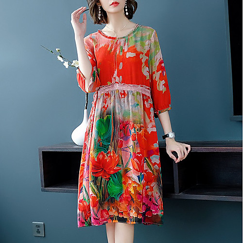 

Women's Shift Dress - 3/4 Length Sleeve Floral Summer Vintage 2020 Red M L XL XXL XXXL