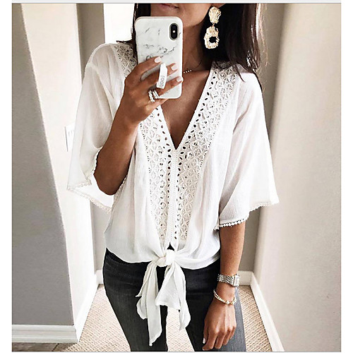 

Women's Solid Colored Blouse Daily Going out V Neck White