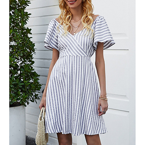 

Women's A Line Dress - Short Sleeves Striped Summer V Neck Elegant 2020 Gray S M L XL