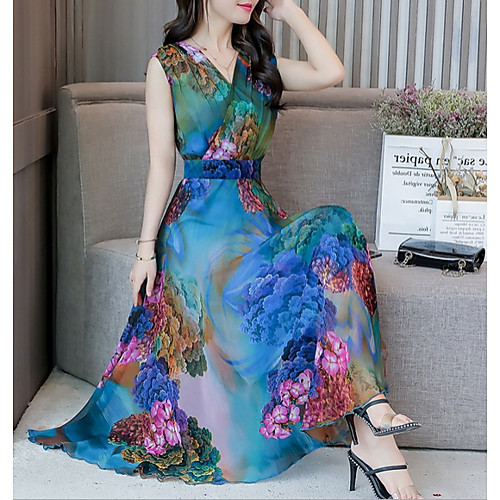 

Women's A Line Dress - Sleeveless Floral Summer V Neck Street chic 2020 Purple Red Green M L XL XXL XXXL