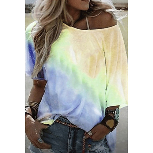 

Women's T shirt Color Block Tie Dye Round Neck Tops Purple Yellow Blushing Pink