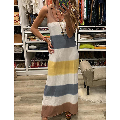 

Women's Shift Dress Maxi long Dress - Sleeveless Striped Summer Casual 2020 Yellow Gray Light Blue S M L XL