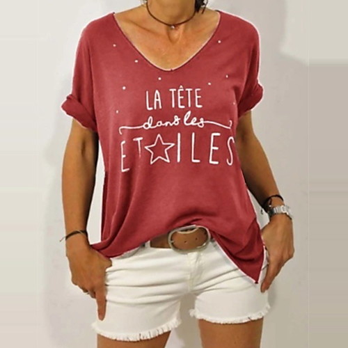 

Women's Letter T-shirt Daily V Neck Red / Yellow / Navy Blue / Gray / Light Blue