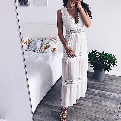 

Women's Maxi Chiffon Dress - Sleeveless Solid Color Lace Backless Spring Summer V Neck Casual Holiday Going out Loose 2020 White S M L XL XXL XXXL XXXXL