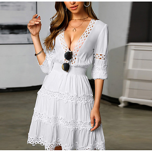 

Women's A Line Dress - Half Sleeve Solid Color Summer V Neck Elegant 2020 White S M L XL