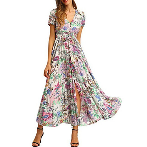 

Women's Mini Sheath Dress - Short Sleeves Floral Summer V Neck Elegant Boho 2020 Black Purple Red Fuchsia Light Blue S M L XL XXL XXXL
