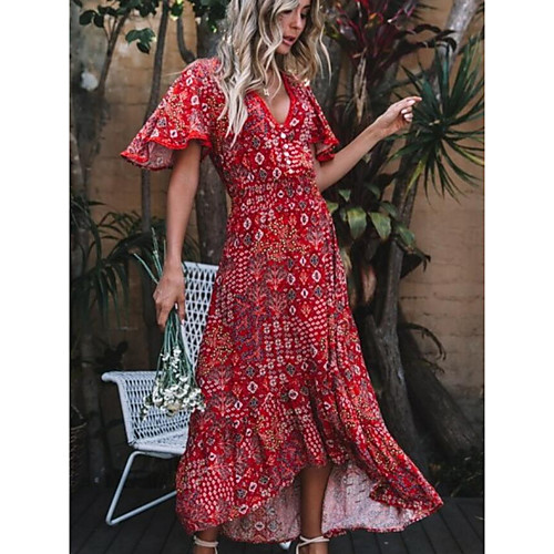 

Women's A-Line Dress Midi Dress - Short Sleeves Floral Print Summer Sexy Mumu 2020 Red S M L XL XXL