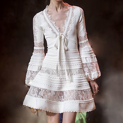 

A-Line Cut Out Boho Party Wear Cocktail Party Dress V Neck Long Sleeve Short / Mini Cotton with Lace Insert 2020