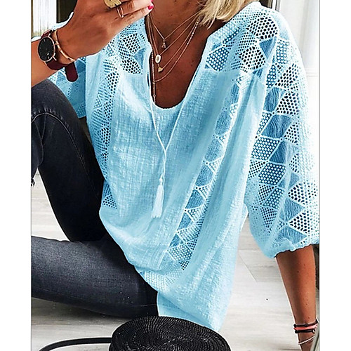 

Women's Blouse Shirt Plaid Check V Neck Tops White Light Blue