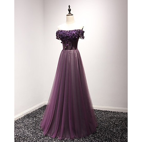 

A-Line Luxurious Purple Engagement Formal Evening Dress Off Shoulder Short Sleeve Floor Length Tulle with Appliques 2020