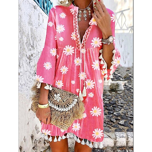 

Women's Shift Dress Short Mini Dress - 3/4 Length Sleeve Floral Summer Casual Boho 2020 Fuchsia S M L XL XXL XXXL