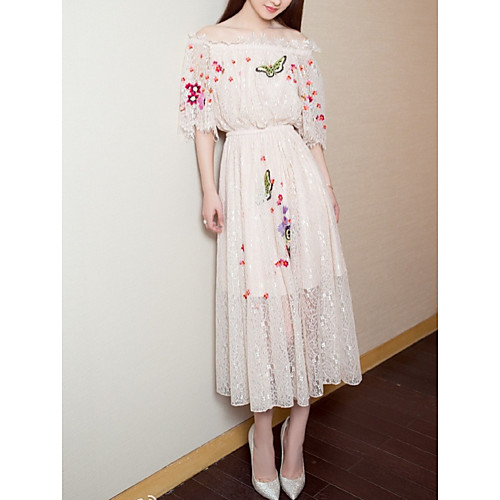 

Sheath / Column Cut Out Pink Party Wear Cocktail Party Dress Off Shoulder Half Sleeve Tea Length Lace with Lace Insert Embroidery 2020