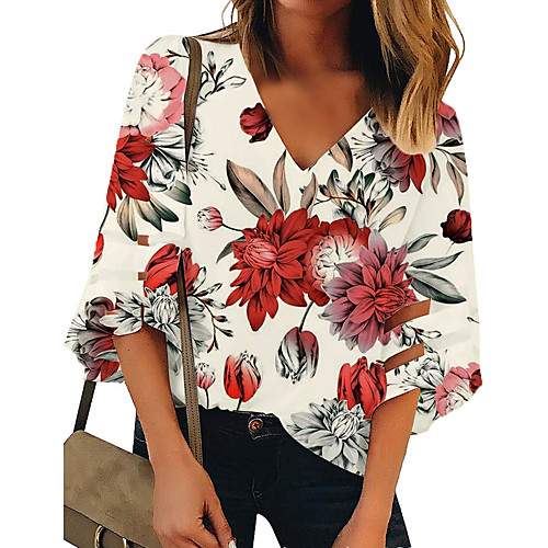 

Women's Tank Top Floral Flower Long Sleeve Print V Neck Tops Red