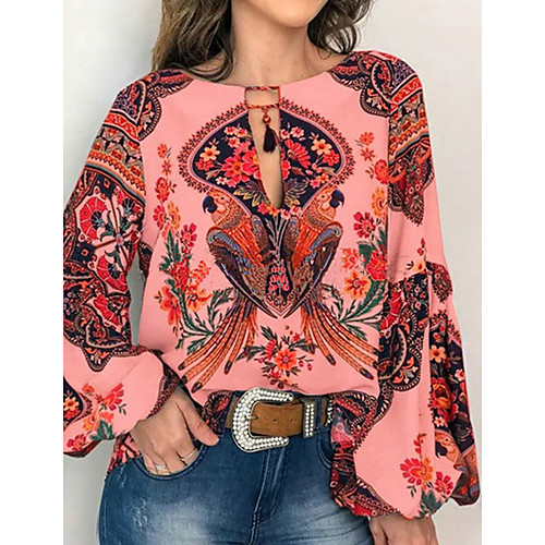 

Women's Blouse Shirt Floral Flower Long Sleeve Lace up Print Round Neck Basic Tops White Orange