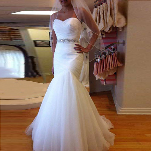 

Mermaid / Trumpet Wedding Dresses Sweetheart Neckline Court Train Tulle Strapless Formal Sparkle & Shine with Ruched Crystals 2021