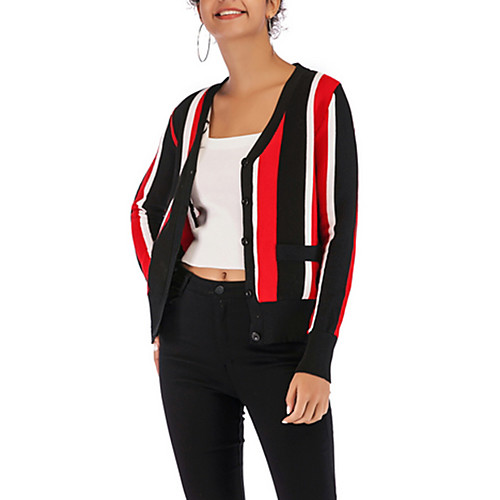 

Women's Color Block Long Sleeve Cardigan Sweater Jumper, Round Neck Red / White M / L / XL