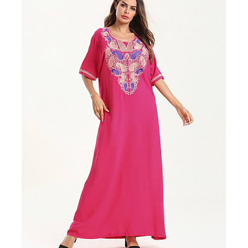 

Women's A Line Dress Maxi long Dress Fuchsia Short Sleeve Print Summer Round Neck Elegant Slim 2021 M L XL XXL
