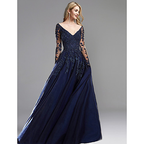 

A-Line Open Back Formal Evening Dress Plunging Neck Long Sleeve Sweep / Brush Train Chiffon Lace with Appliques 2021