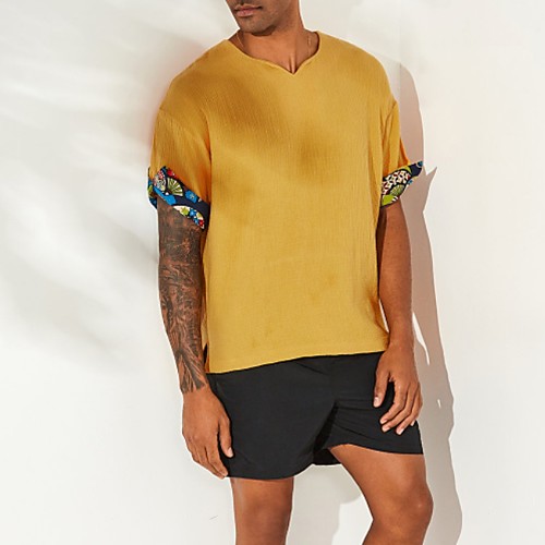 

Men's Graphic T-shirt - Cotton Vintage Hawaiian Daily Going out V Neck Yellow / Green / Gray / Short Sleeve