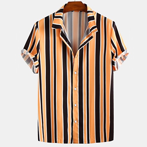 

Men's Striped Shirt - Cotton Tropical Hawaiian Holiday Beach Button Down Collar Red / Yellow / Light Blue / Short Sleeve