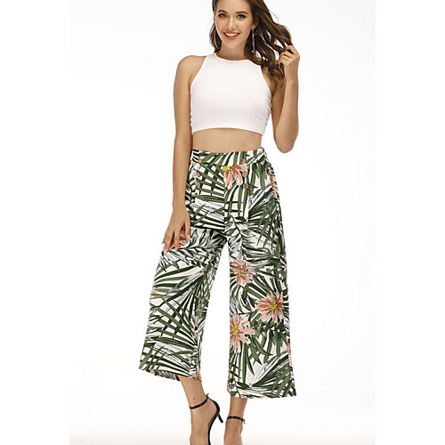 

Women's Basic Loose Wide Leg Pants - Print High Waist Green S / M / L