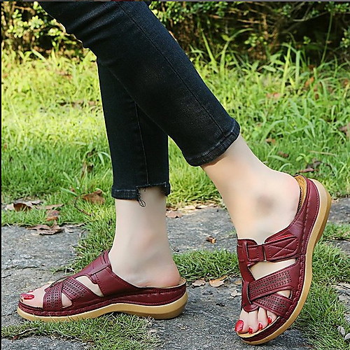 

Women's Sandals Wedge Sandals Flat Sandal Summer Flat Heel Round Toe Daily PU Black / Red / Burgundy
